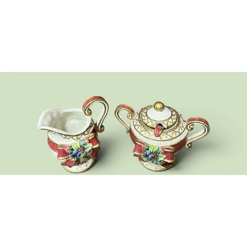 Fitz & Floyd Christmas Deer Creamer Sugar Bowl Spoon Red Bow Ribbon Tassel VTG